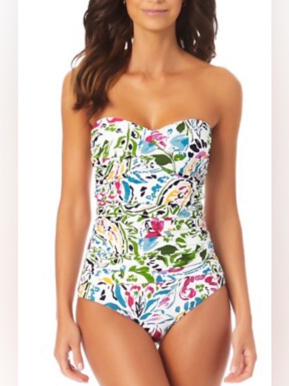 Anne Cole Twist Front One Piece Swimsuit Paisley Floral Strapless Size 16 NWT